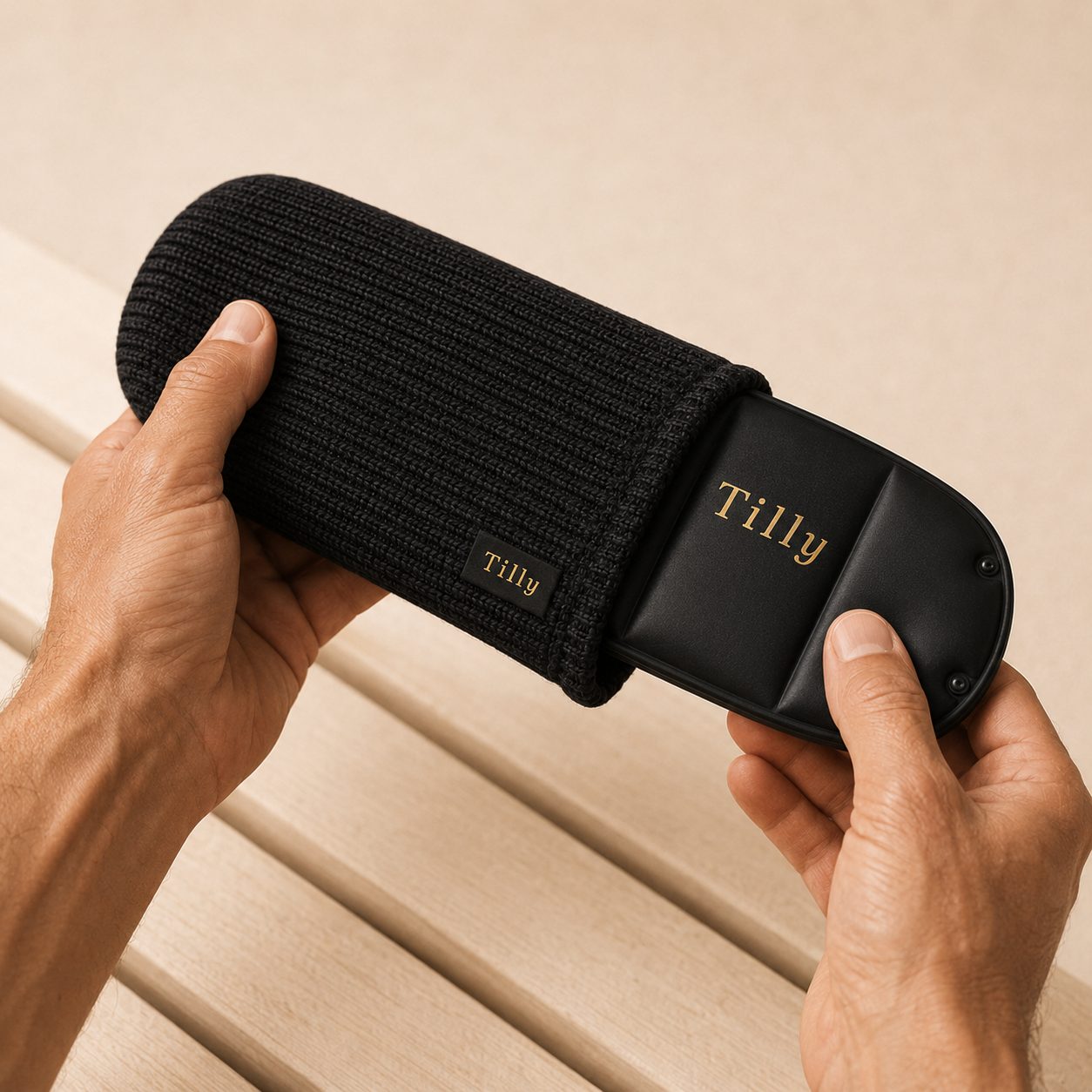 The Tilly contoured cold pack half out of its black knit sleeve