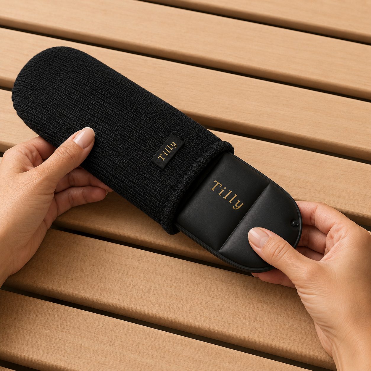Tilly cold pack and washable knit sleeve on a cedar bench