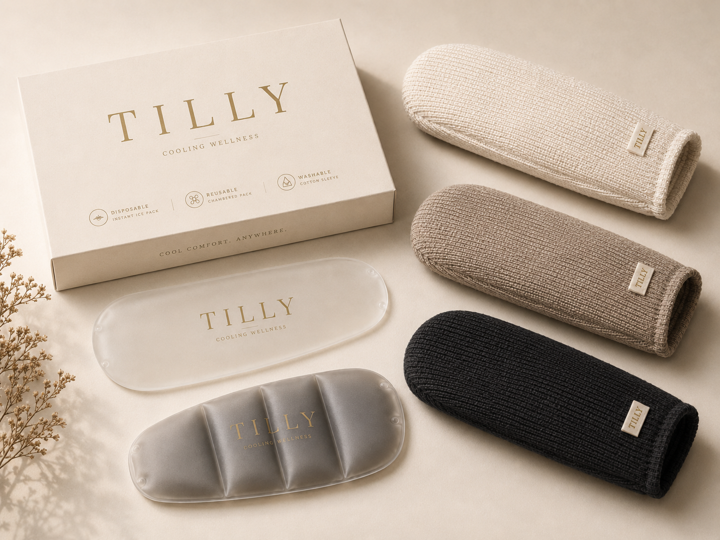 The proposed Tilly launch kit — minimal box, instant cooling packs, reusable cooling pack, and three washable cotton sleeves